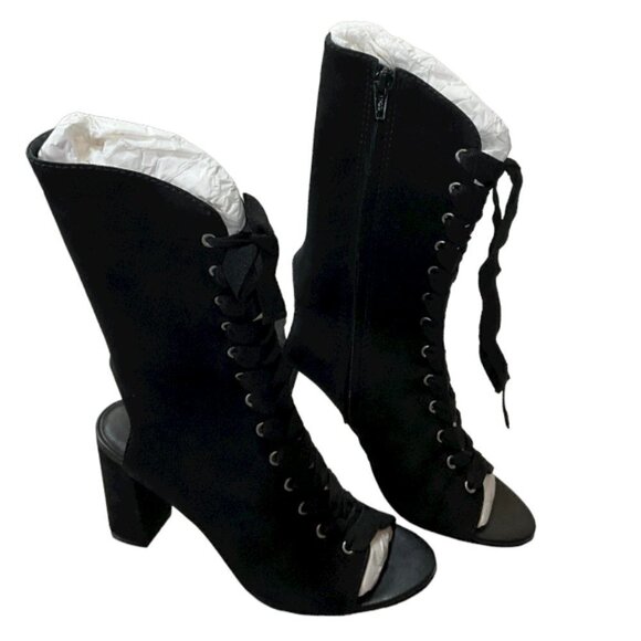 NEW Bernardo Heidi Lace Up boot Heeled Bootie Black Leather open toe & heel zip - Picture 3 of 6